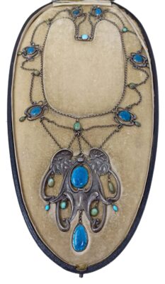 A Guild of Handicraft Arts & Crafts silver, blue enamel and turquoise necklace, in the manner of Charles Robert Ashbee