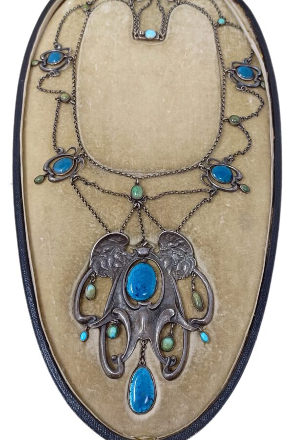 A Guild of Handicraft Arts & Crafts silver, blue enamel and turquoise necklace, in the manner of Charles Robert Ashbee